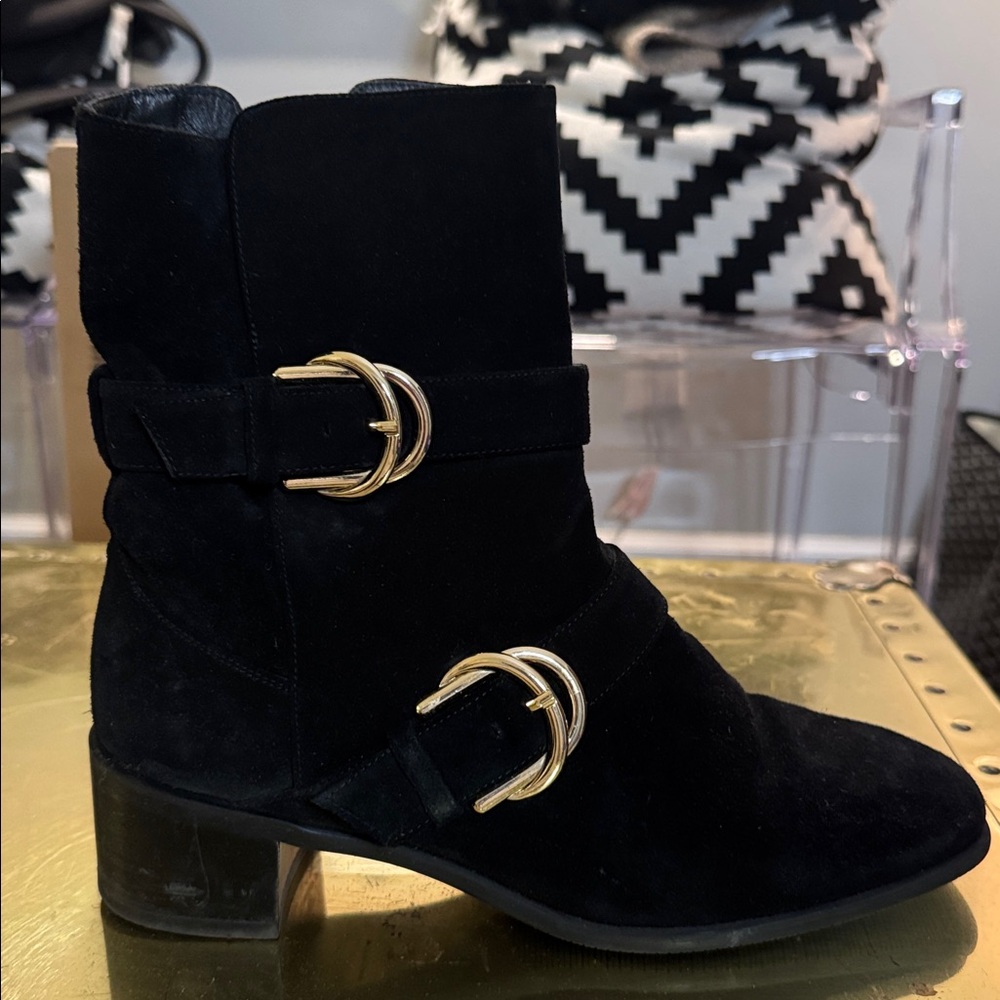 Stuart Weitzman Britain Suede Boots Black and Gold - Picture 5 of 11